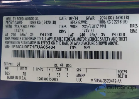 2015 Ford Escape S z USA, uszkodzony, nr VIN 1FMCU0F71FUA05484